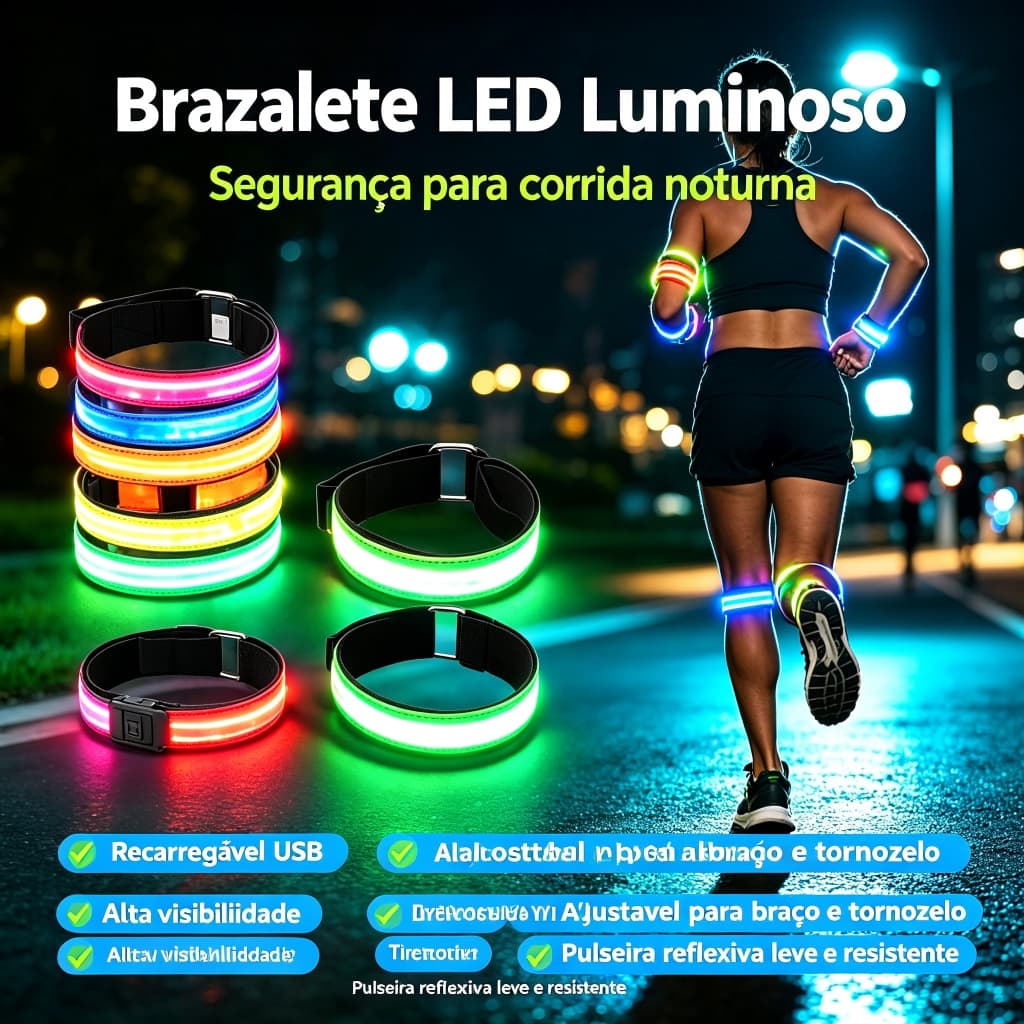 Brazalete LED Luminoso Recarregável USB Pulseira de Segurança Alta Visibilidade para Corrida Noturna Ajustável para Braç