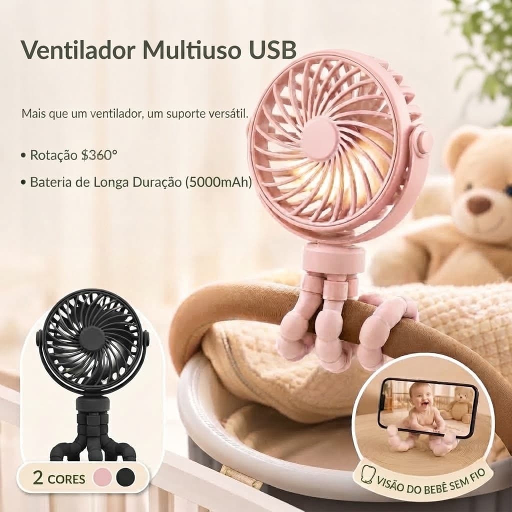 Mini Ventilador USB para Carrinho de Bebê – Portátil, Recarregável, Silencioso, com Suporte Flexível
