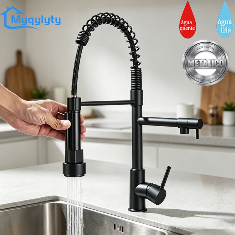 Torneira De Cozinha Gourmet Bancada Alça Única Preta Com Spray Misturador Flexível Metal