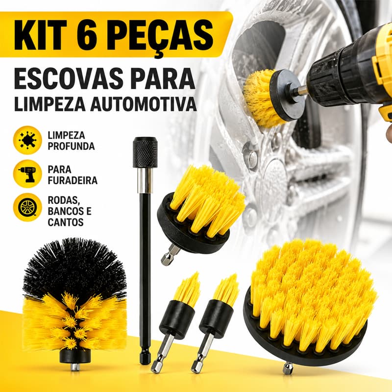 Kit 6 Escovas De Limpeza Encaixe Parafusadeira Furadeira Limpeza Automotiva Pesada Lavar Sofás Tecidos Couros Estofados