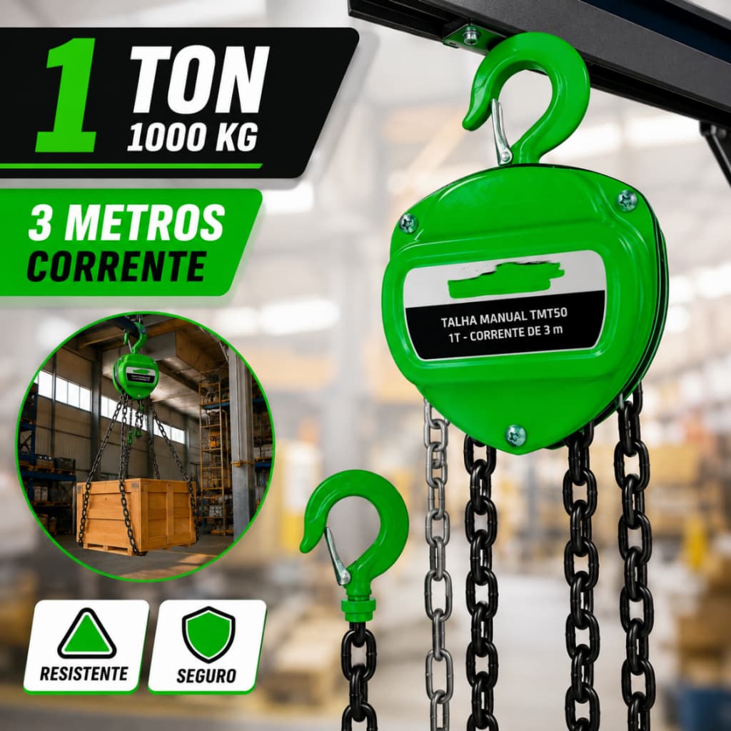 Talha Guincho Manual 1 Tonelada 1000kg Com Corrente 3 Metros Com Freio Duplo