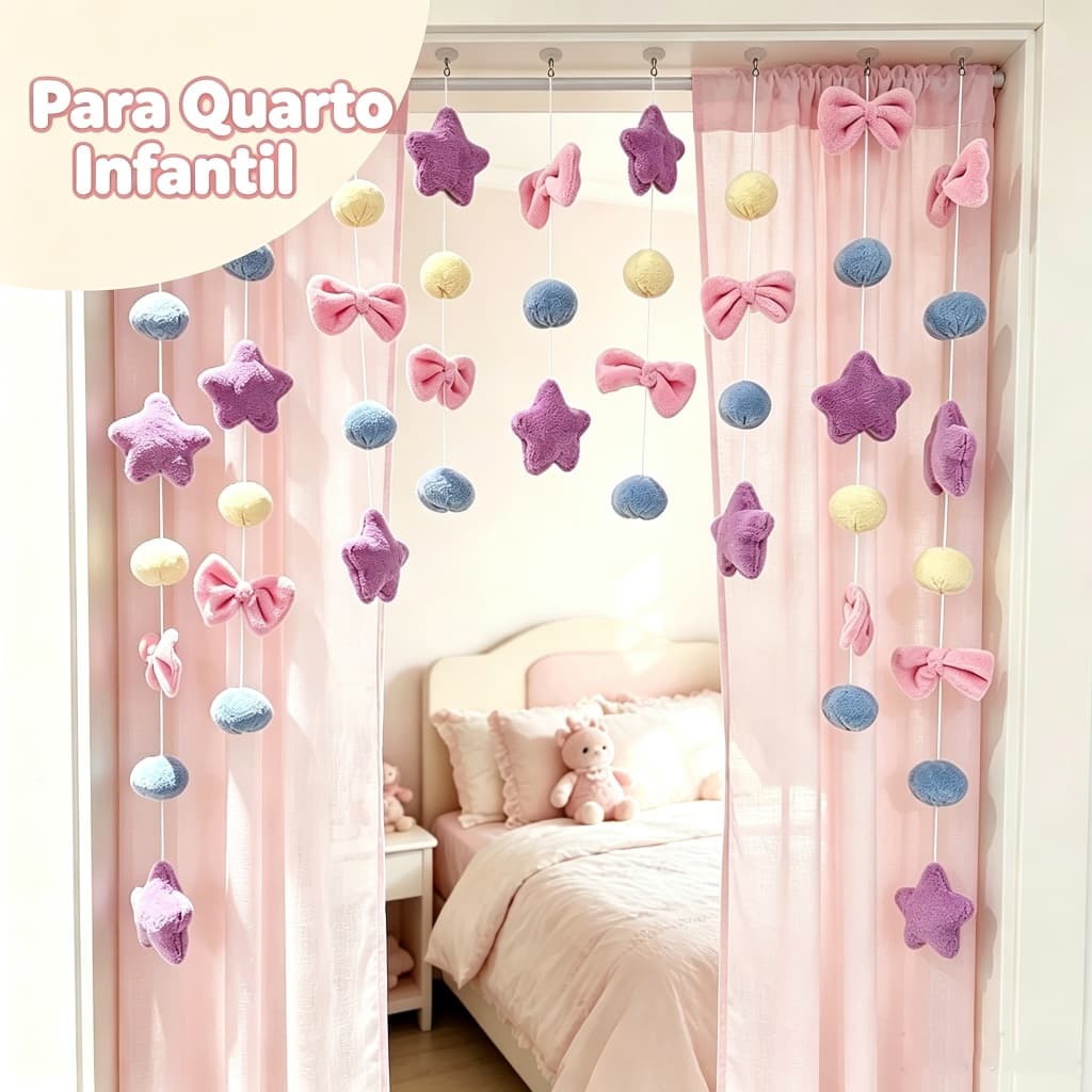 Cortina de Porta Infantil Rosa Pelúcia Fofa Estrela Laço Sem Furação Fácil Instalação Decoração Quarto