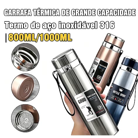 Garrafa Térmica de Água 800ml ou 1000ml Inox Com Infusor Ouro Prata Azul De Café Parede Dupla Com Alça