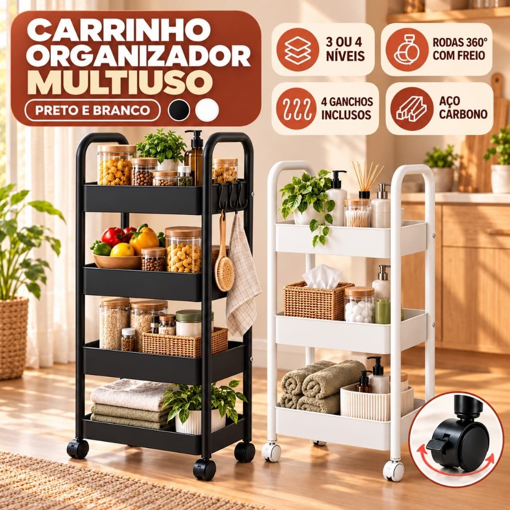 Carrinho Organizador De Aço Multiuso 3/4 Prateleiras Premium Rodízio 360º Cozinha Sala Banheiro Livros Decoração Moderna
