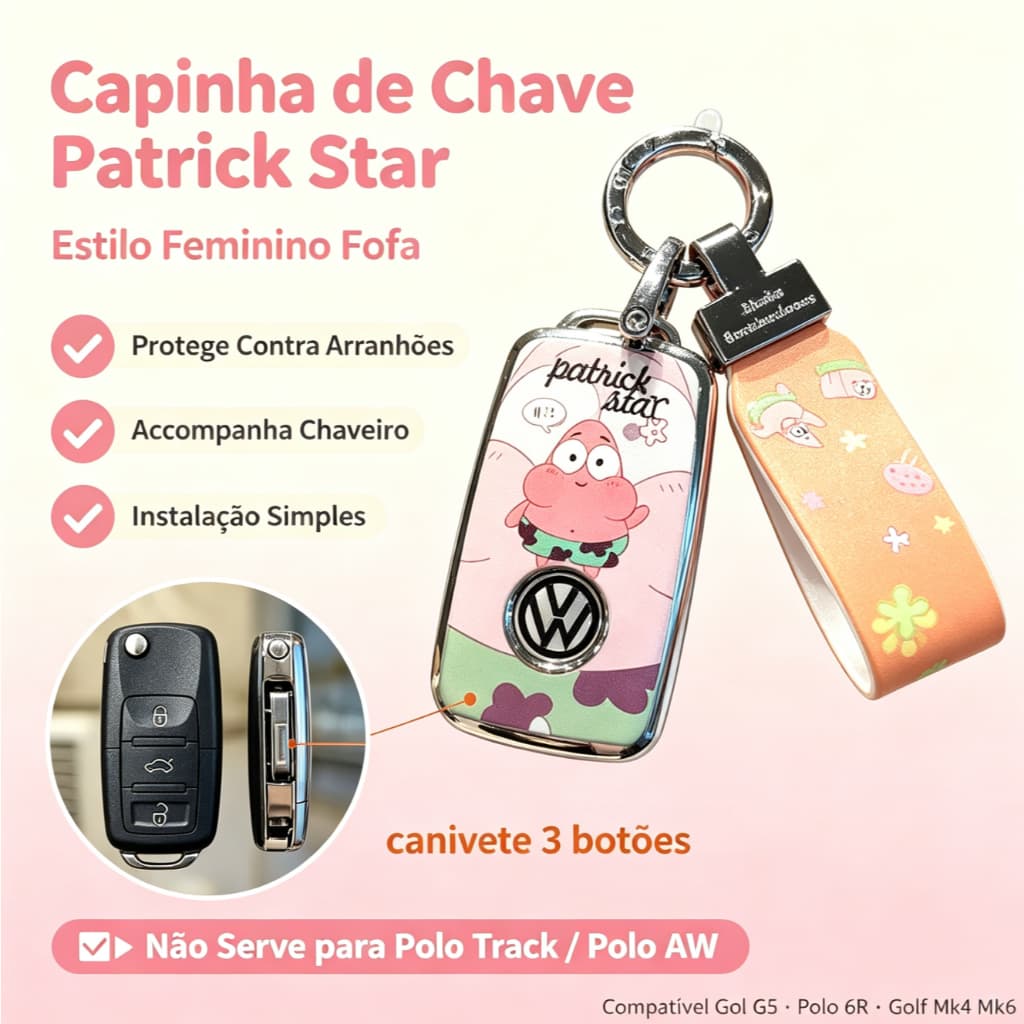 Capinha de chave Volkswagen feminina fofa com desenho Patrick Star modelo canivete antigo 3 botões, compatível Gol G5
