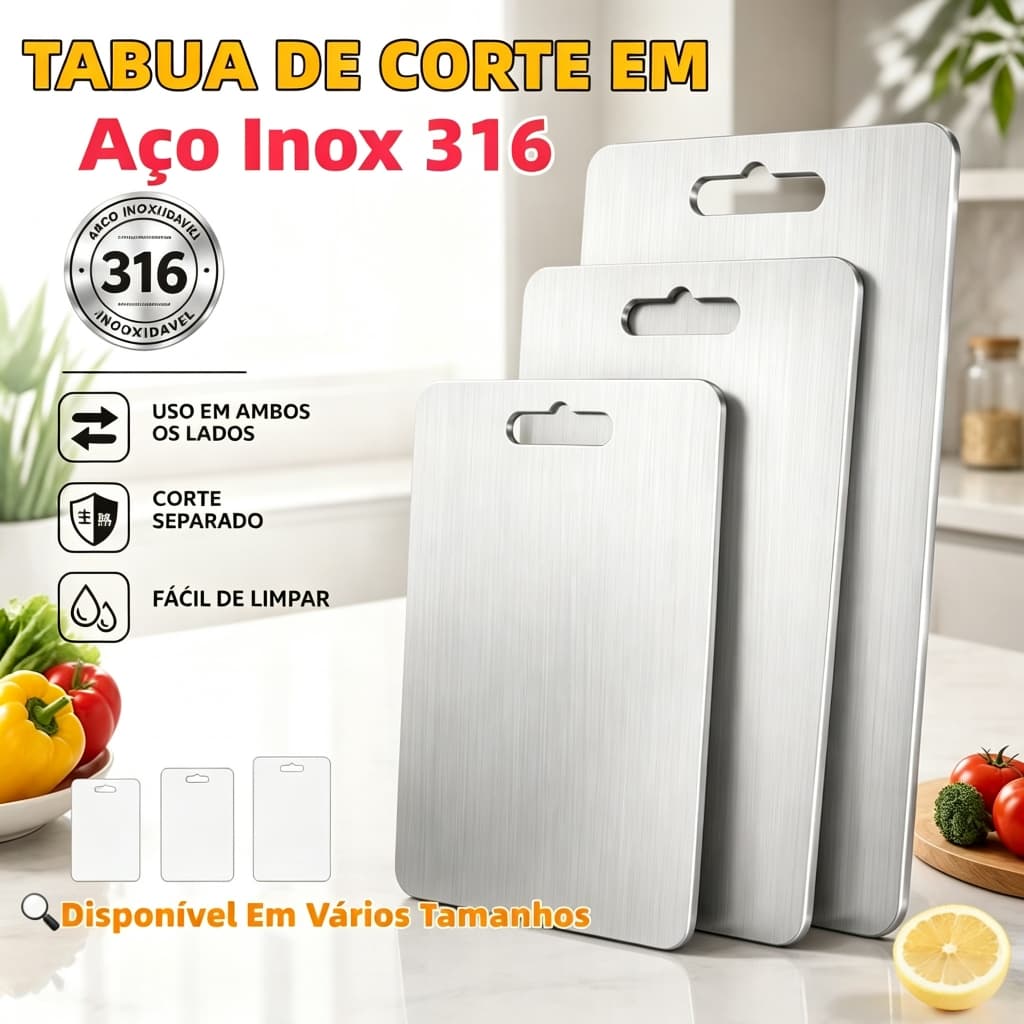 Kit 3 Tábuas de Corte Inox 316 Aço Inoxidável Antibacteriana Dupla Face para Carne Legumes Cozinha Fácil de Limpar