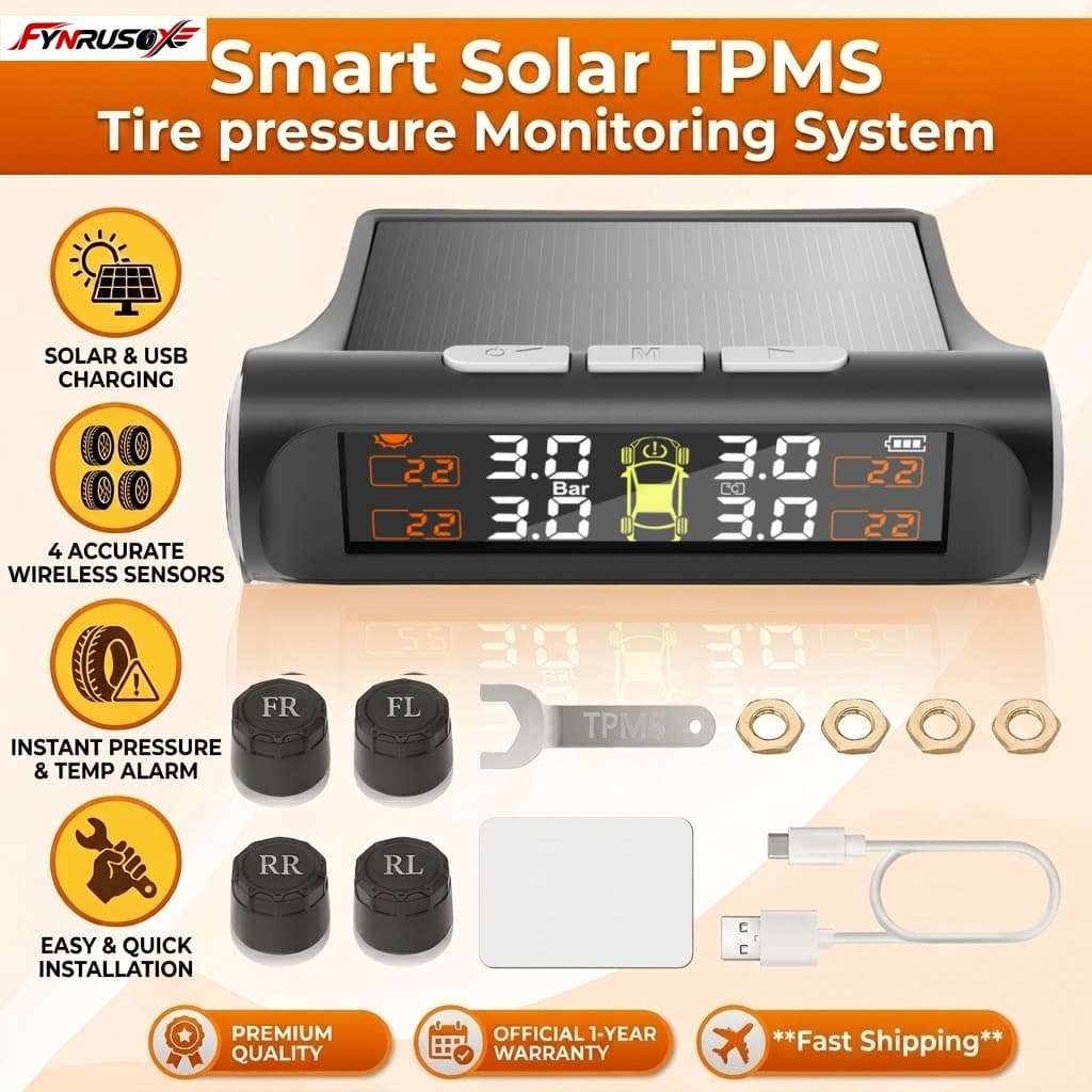 Sistema de Monitoramento de Pressão de Pneus para Carro TPMS Solar Sem Fio com 4 Sensores Externos LCD