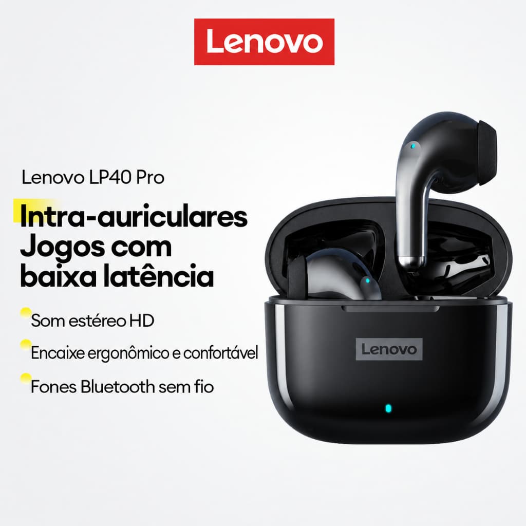 Lenovo LP40 Pro Fones De Ouvido Intra-Auriculares Sem Fio Bluetooth HD Com Redução De Ruído Estéreo Para Uso Diário