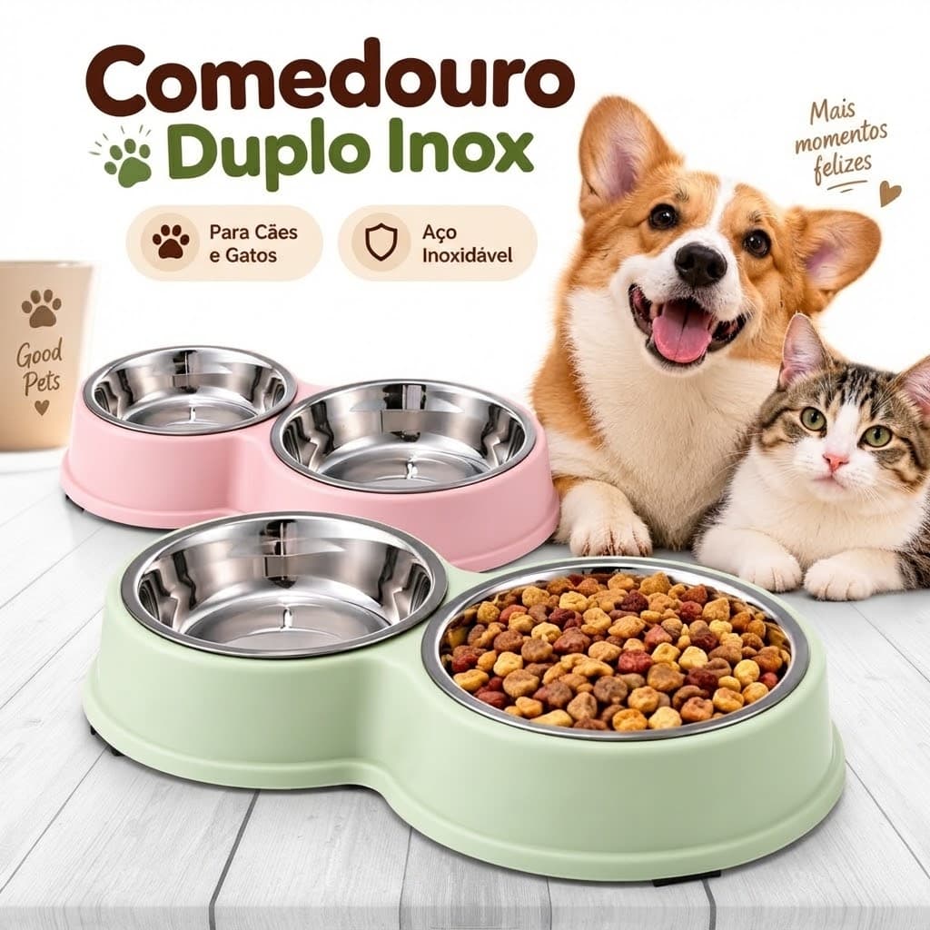 Comedouro e bebedouro inox Duplo para bicho de estimação cachorro ou gatos C/antiderrapante