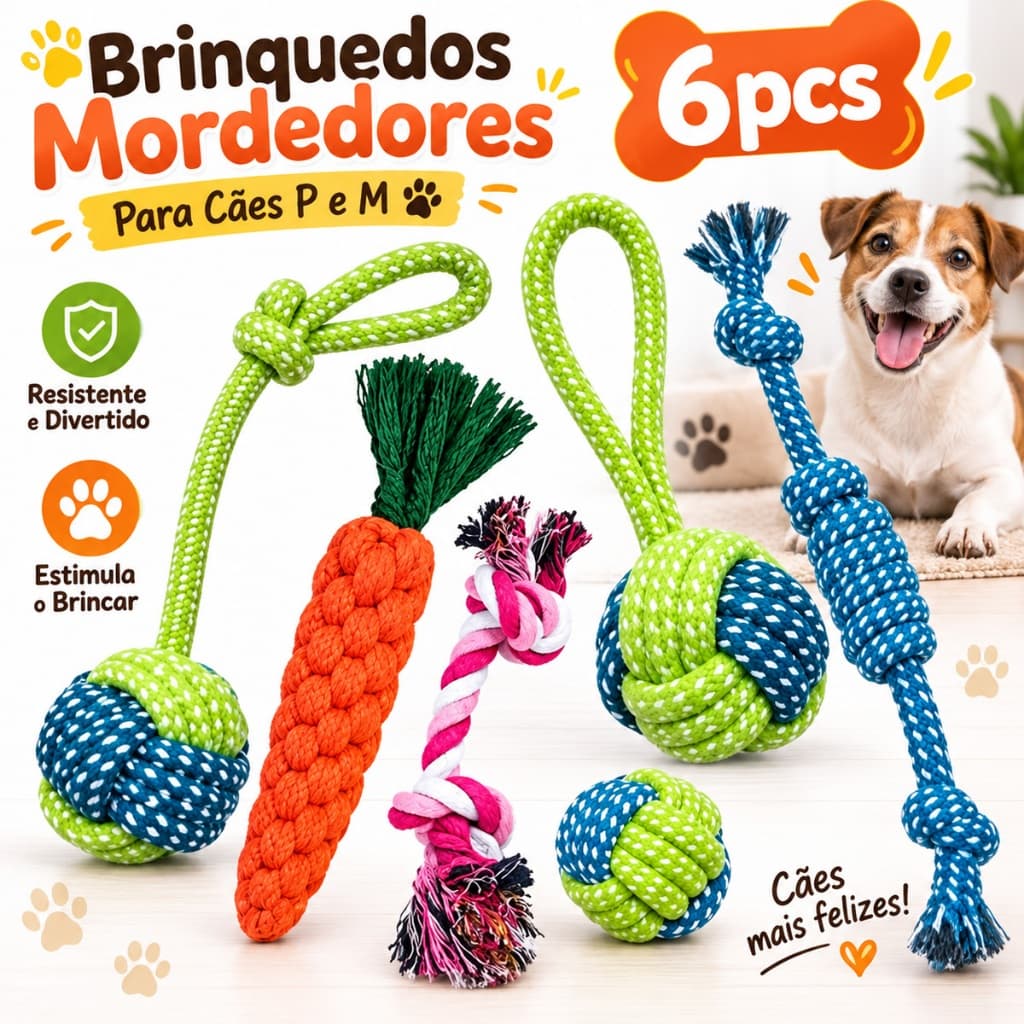 Brinquedo Pet Corda, kit com 6 Unidades , Mordedor para Cachorro, Resistente Interativo, Porte Médio