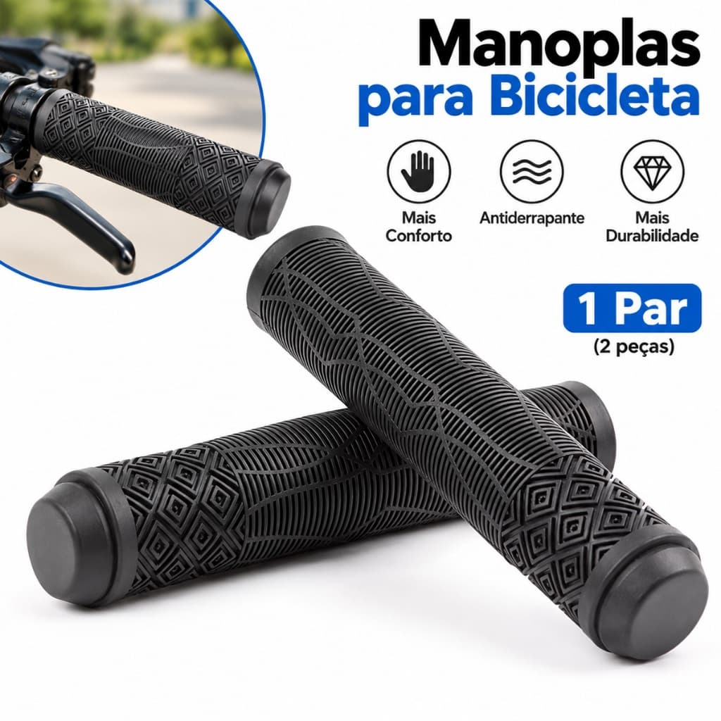 Um par de manoplas para guidão de bicicleta de montanha antiderrapantes e resistentes a impactos.