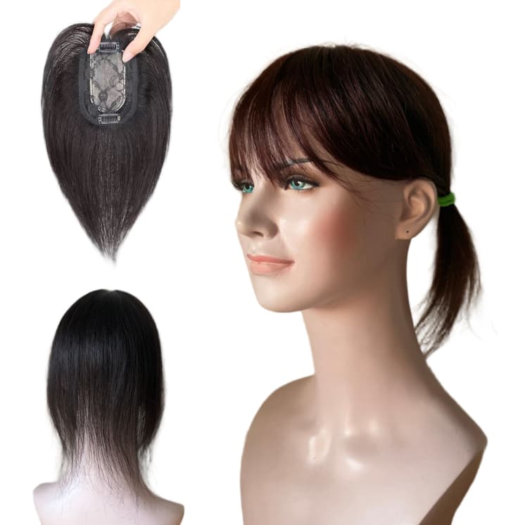 Artigo decorativo,topo de cabelo humano p/mulheres base 8×12cm rosemesh com tic‑tac e franja ar,20‑30cm,Preto/castanho