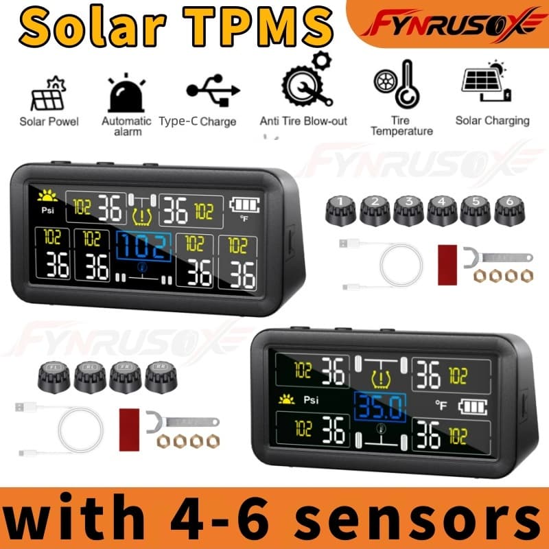 Carro TPMS Sistema De Monitoramento De Pressão Dos Pneus Monitor Carga Solar Tipo-C Com 4-6 Sensores