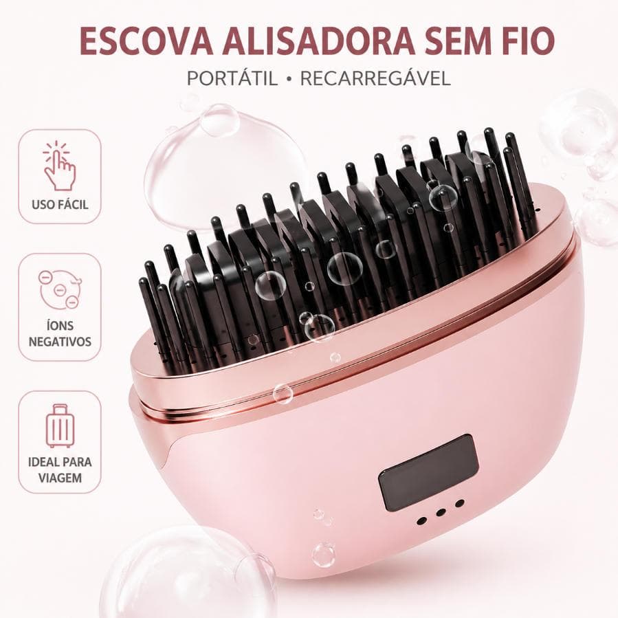 💇‍♀Alisador de Cabelo Portátil Sem Fio ✨ Escova de Viagem Recarregável com Íons Negativos, Escova Alisadora de Cerâmica