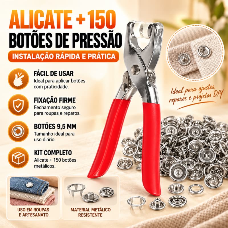 Kit Alicate Aplicador De Botão De Pressão Metal Roupa Bebê 150 Botões Costura