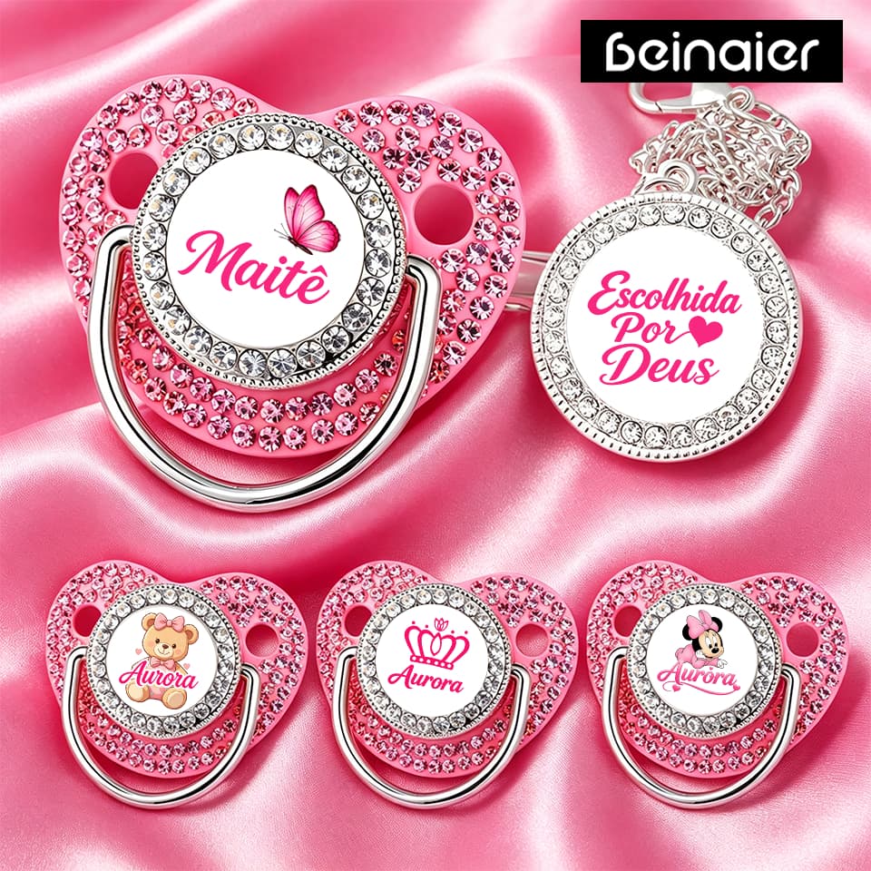 Kit chupeta de bebê rosa diamante, pode personalizar o nome do bebê, chupeta de Silicone, sem BPA