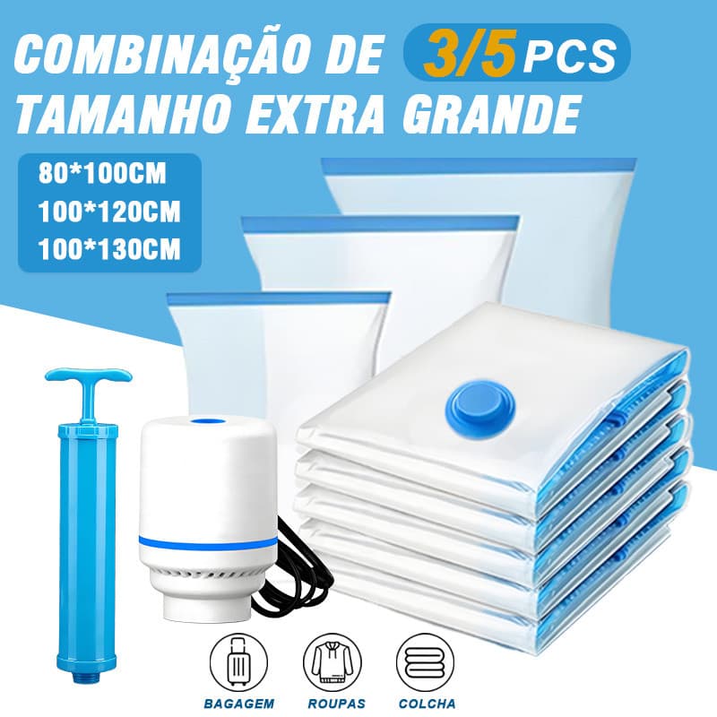 Kit Saco a Vácuo + Bomba Automática Elétrica 3/5PCS KIT Tamanho grande Organizador Rápido Armazenar Guardar