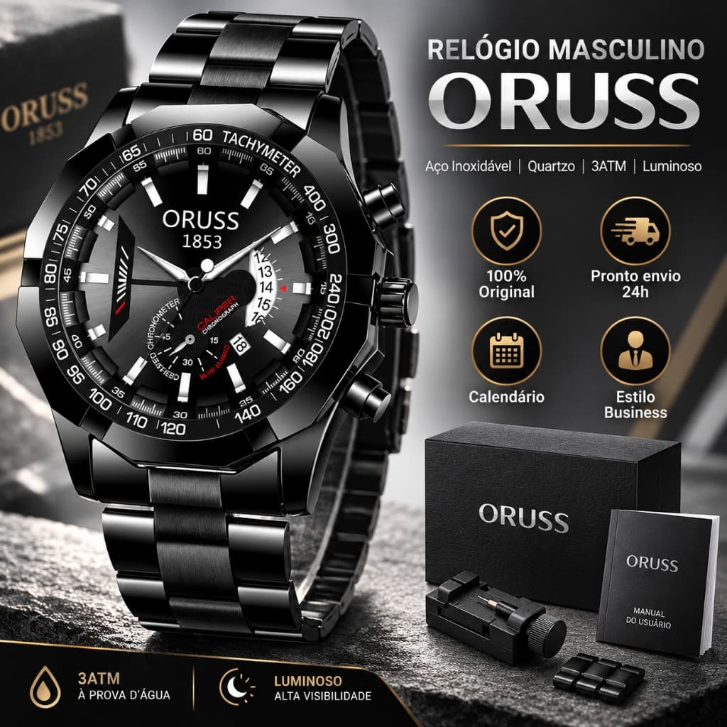 Relógio Masculino Oruss Prata Preto Prata Branco