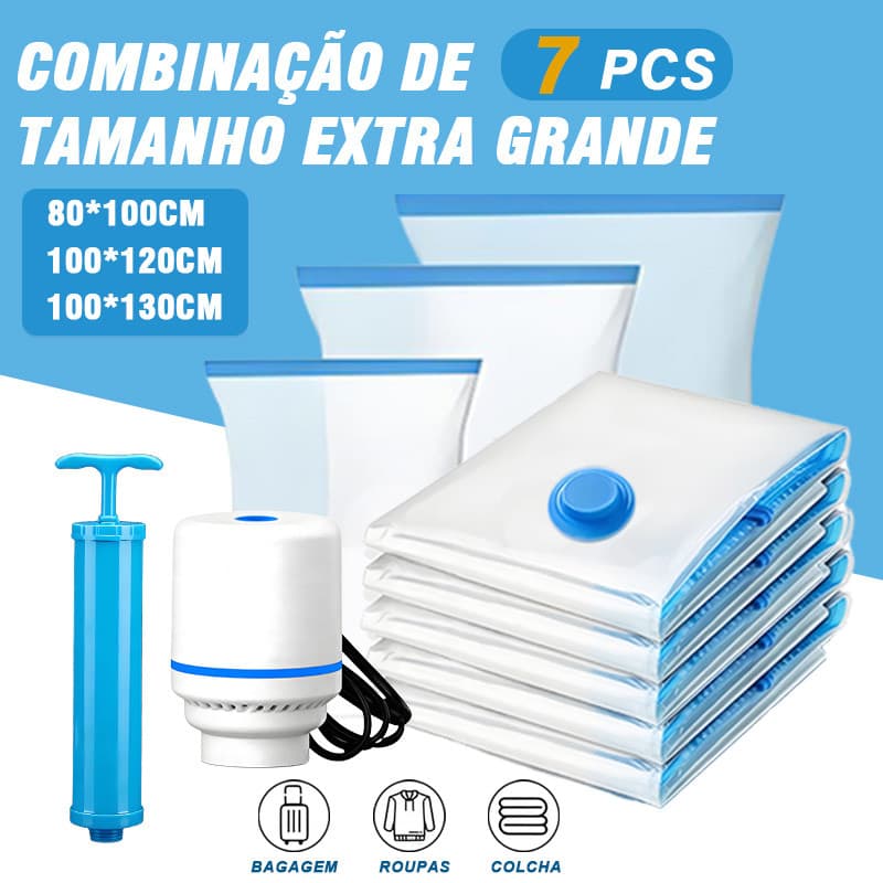 Kit Saco a Vácuo + Bomba Automática 7 peças Elétrica KIT Tamanho grande Organizador Rápido Armazenar Guardar