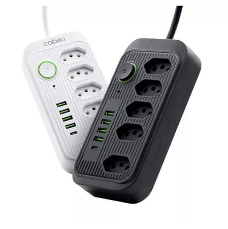 Régua Filtro de Linha com 5 Tomadas Extensão Elétrica 4 USB e 1 USB-C Bivolt 16A 110v/220v Cabo de 2 Metros