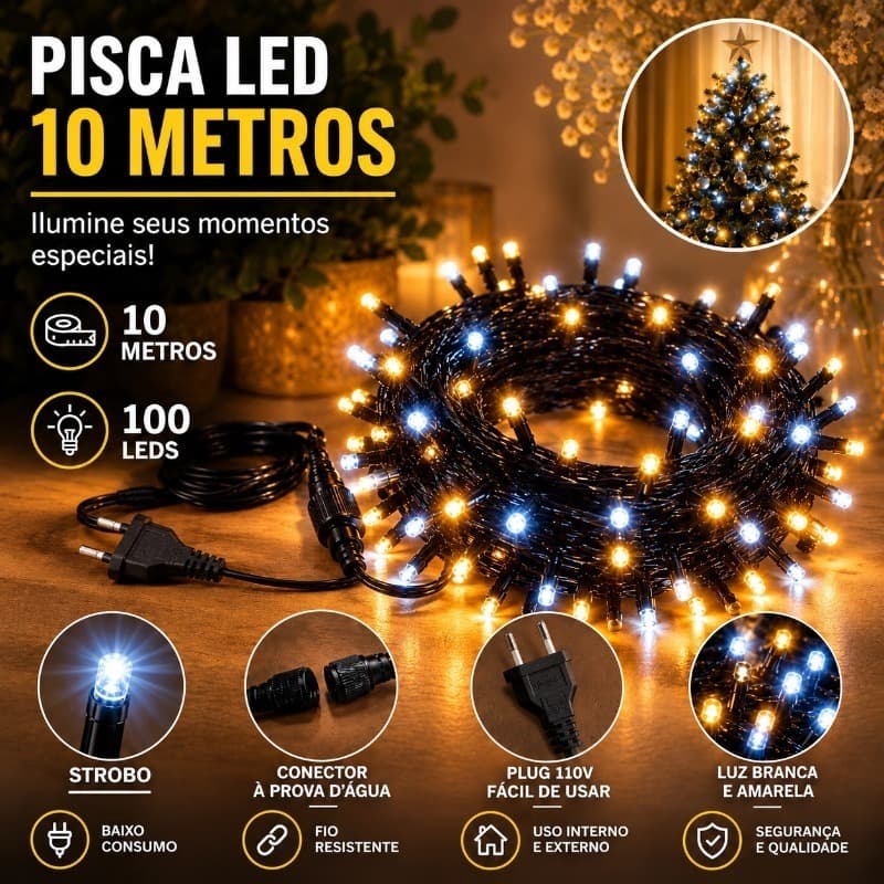 Até 5 Conectar Cordão 100 Led interno 9 fixo 1 strobo - 10 metros fio Preto pisca pisca decoração natal Conector m/f
