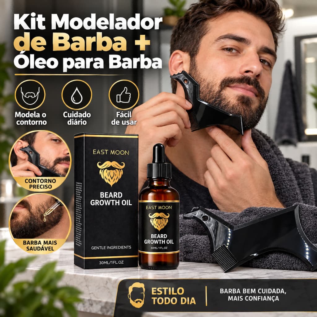 Modelo de estilo de barba masculino + 30ml conjunto de óleo para cuidados com a barba aparador de barba pente auxiliar m