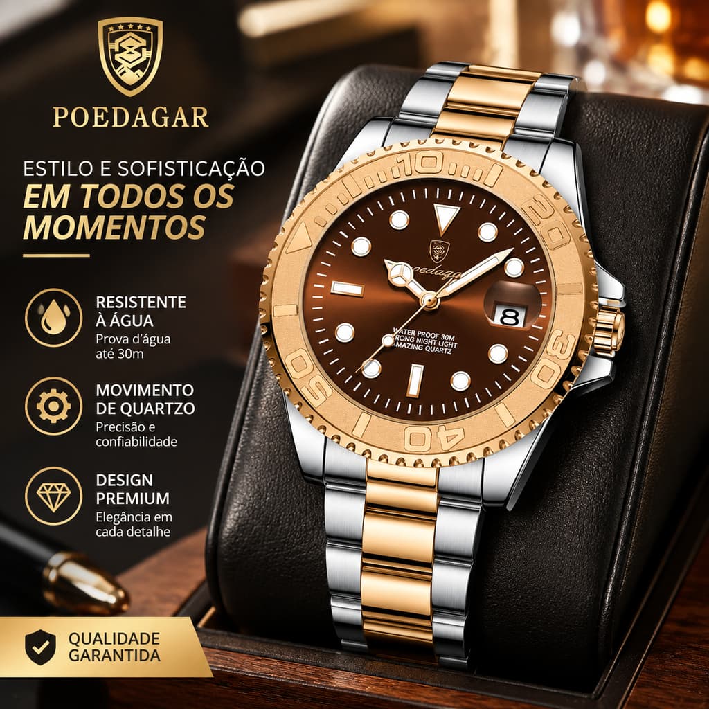 Relógio de Pulso POEDAGAR 680 Masculino Aço Inox Bicolor, Design Esportivo, Ideal Para Uso Diário e Presente