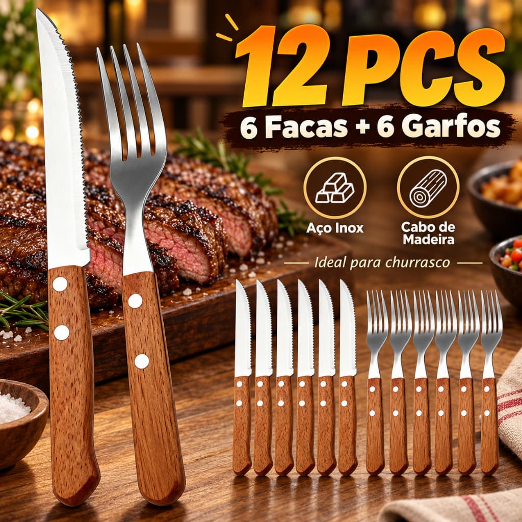 Jogo de Talheres Para Churrasco 12 Peças Jumbo Garfo Faca Aço Inox E Madeira