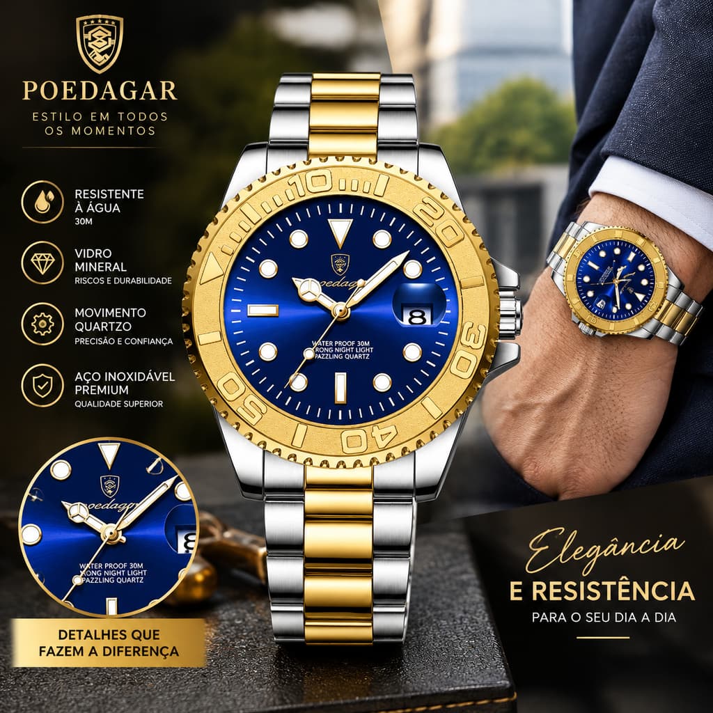 Relógio POEDAGAR 680 Esportivo Masculino, Pulseira Aço Inoxidável, Calendário, Acabamento Premium e Durável