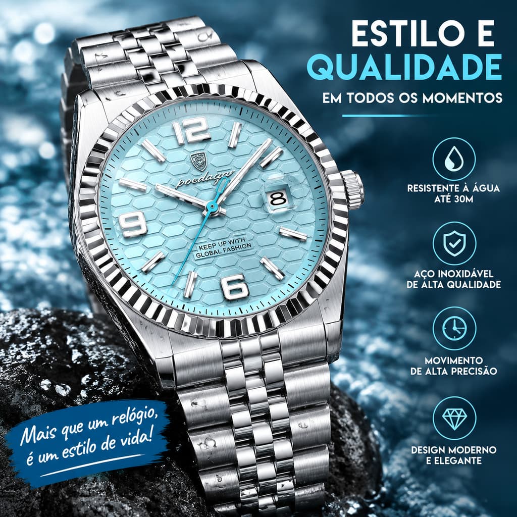 Relógio POEDAGAR 839 Masculino Aço Inox Mostrador Azul Claro Texturizado, Calendário, Elegante para Uso Diário e Present