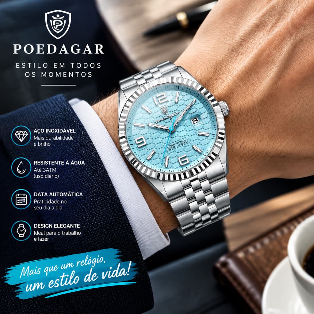 Relógio POEDAGAR 839 Masculino Analógico Esportivo Elegante, Mostrador Azul, Aço Inoxidável, Ótimo Presente para Homens
