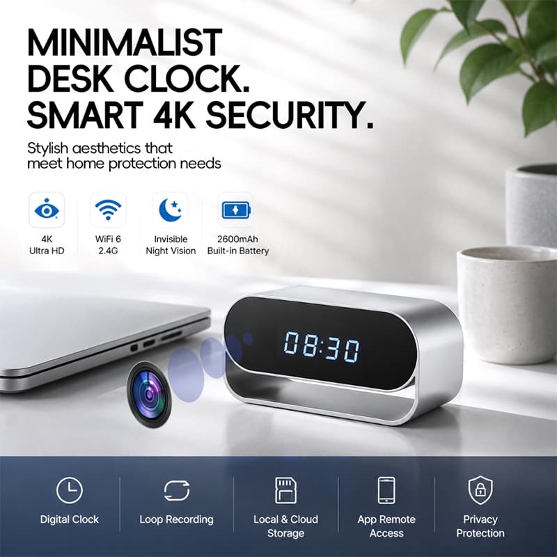 Despertador Câmera 4K UHD Wifi Relógio Controle Sem Fio IR Visão Noturna 2600mAh Bateria Alarme De Detecção De Movimento