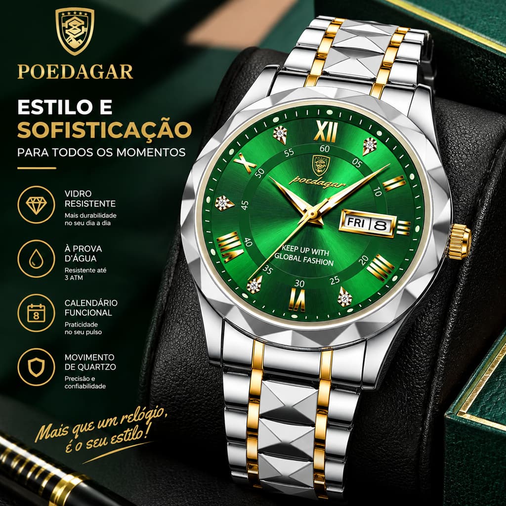Relógio POEDAGAR 615 Masculino Bicolor Aço Inox, Mostrador Verde, Calendário e Dia da Semana, Elegante para Presente