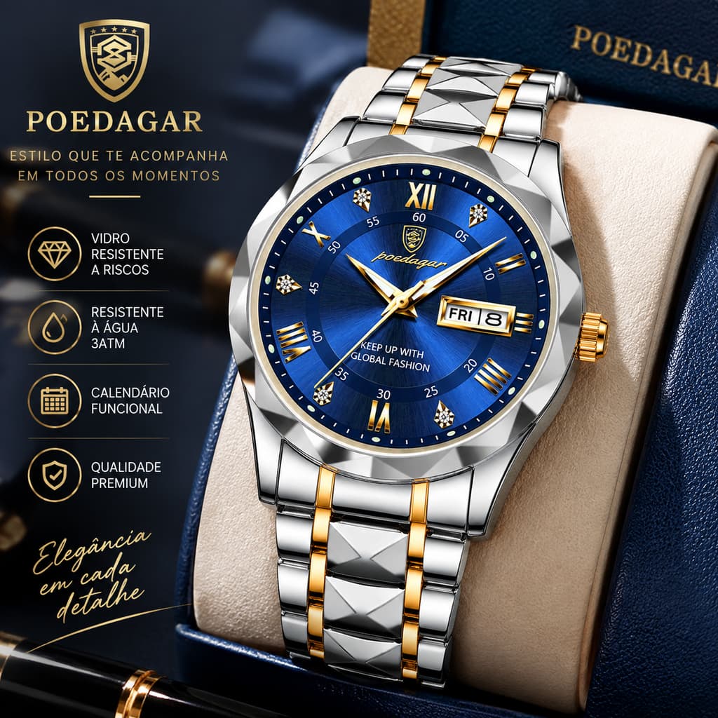 Relógio de Pulso POEDAGAR 615 Luxo Masculino, Pulseira Metálica Bicolor, Design Premium, Resistente e para Uso Diário