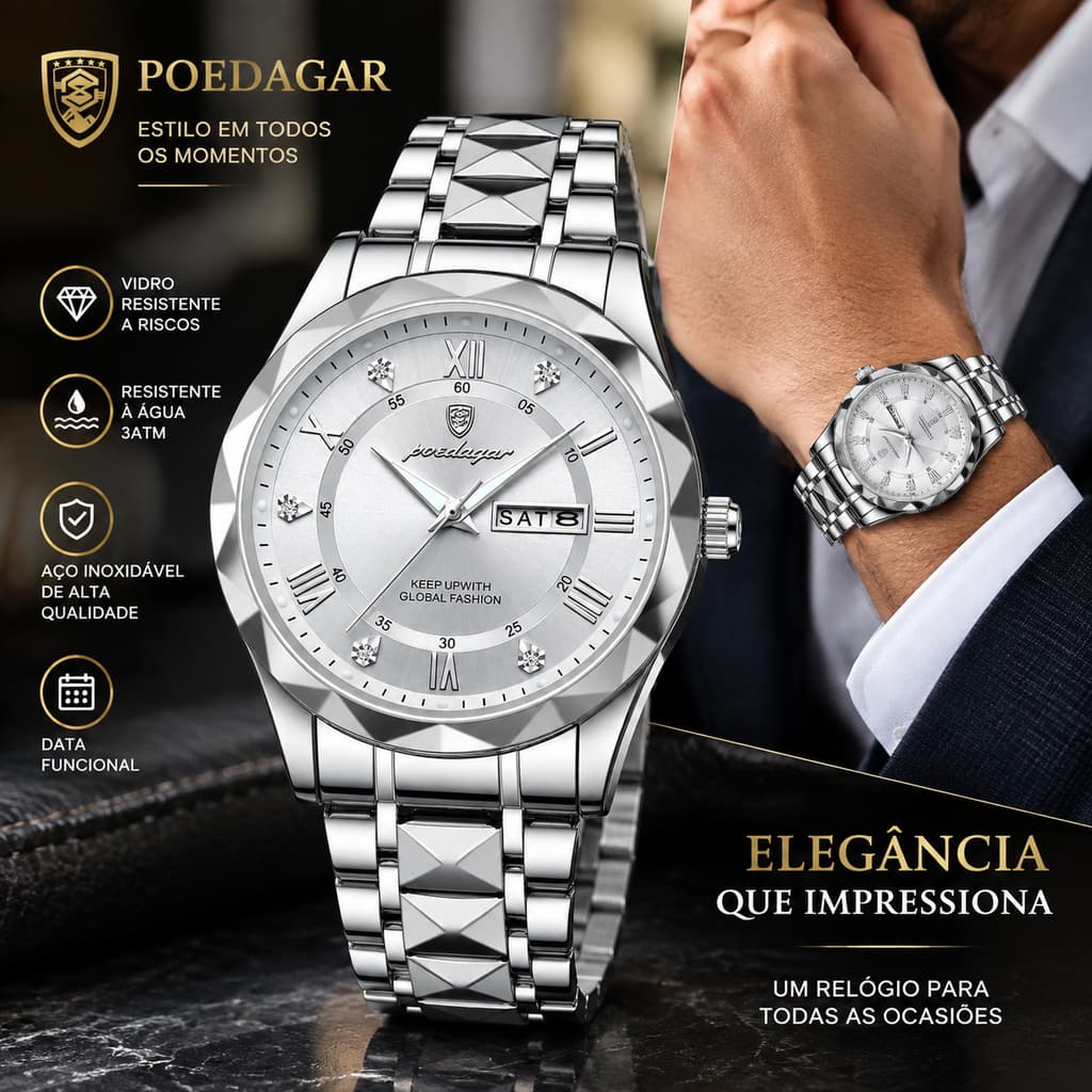 Relógio POEDAGAR 615 Masculino Bicolor Aço Inox, Mostrador Prata com Pedras, Calendário e Dia da Semana, Presente Elegan