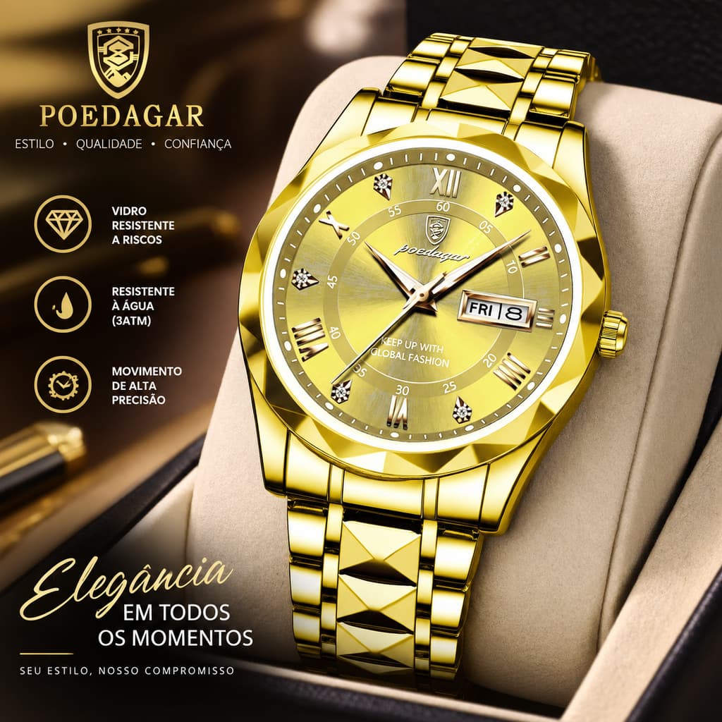 Relógio de Pulso POEDAGAR 615 Luxo Masculino, Pulseira Metálica Bicolor, Design Premium, Resistente para Uso Diário