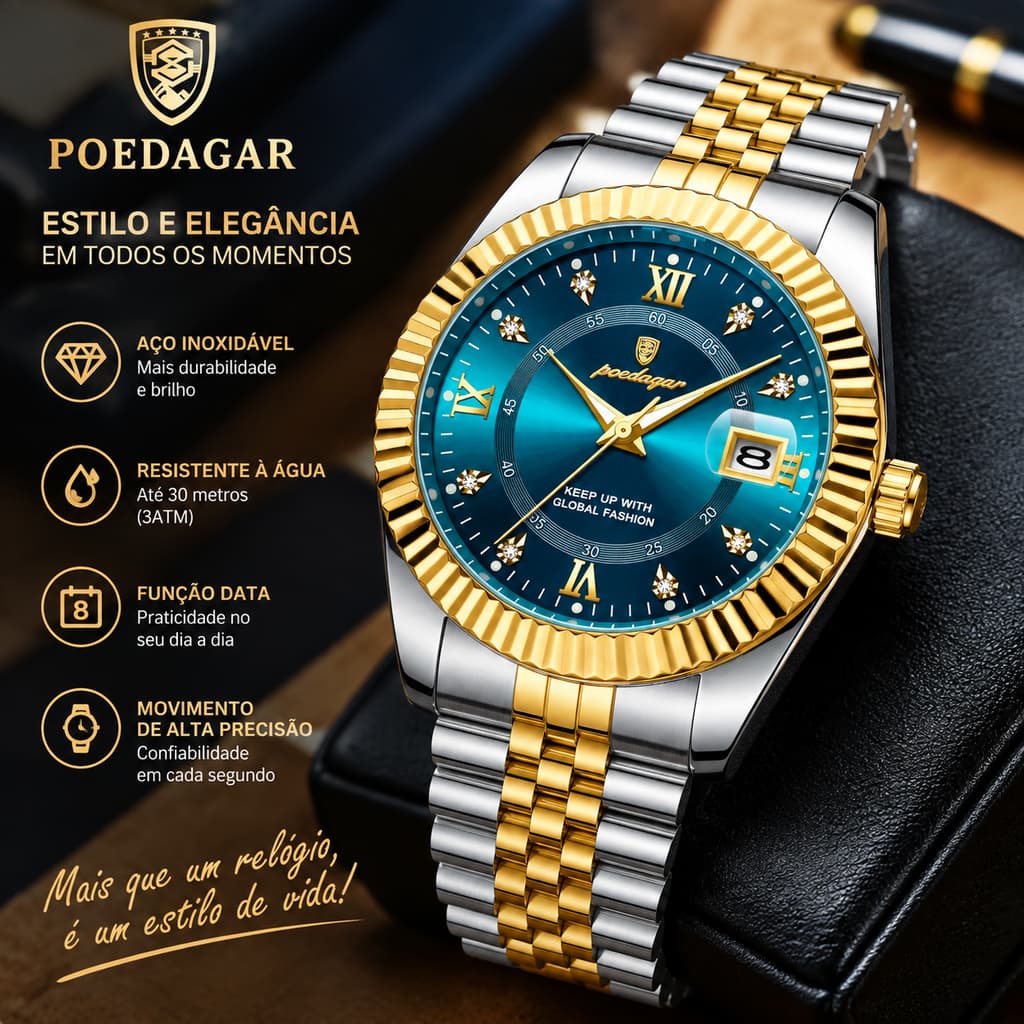 RELÓGIO POEDAGAR 910 MASCULINO AÇO INOX, MOSTRADOR AZUL, DATA, PULSEira BICOLOR LUXO ELEGANTE