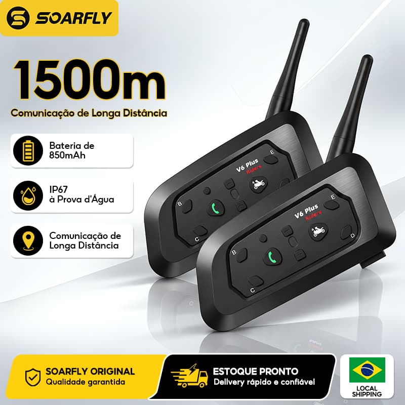 soarfly V6 Plus Intercomunicador Bluetooth Para Capacete de Moto 1500m À Prova d’Água