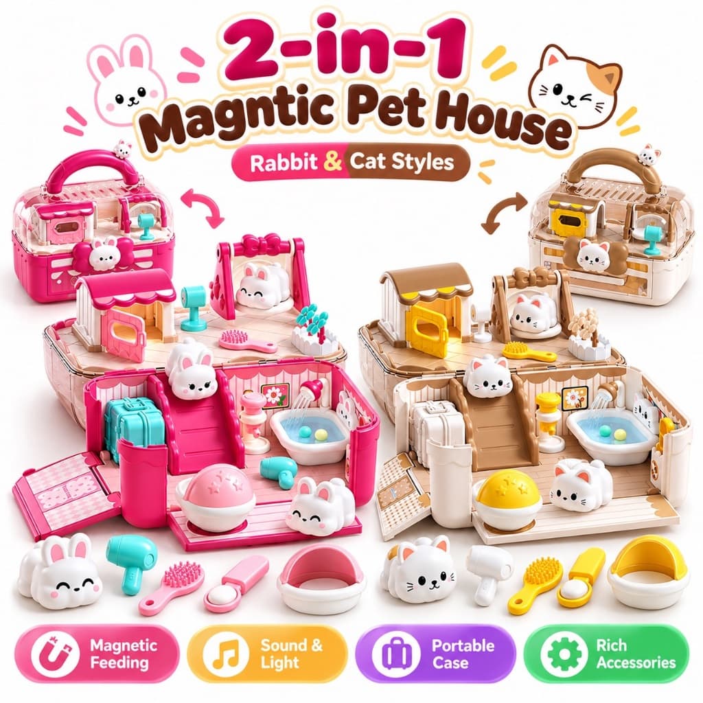 Casa Magnética 2 Em 1 Para Animais De Estimação , Coelho , Gato , Fingir , Brincar , De Bonecas , Luz Sonora Portátil ,