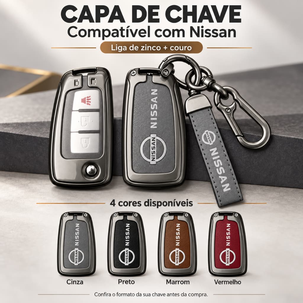 Capa de Chave Nissan Liga Zinco Couro Premium Proteção Compatível Qashqai J11 Juke X-Trail Sunny Cefiro A32 Automotivo