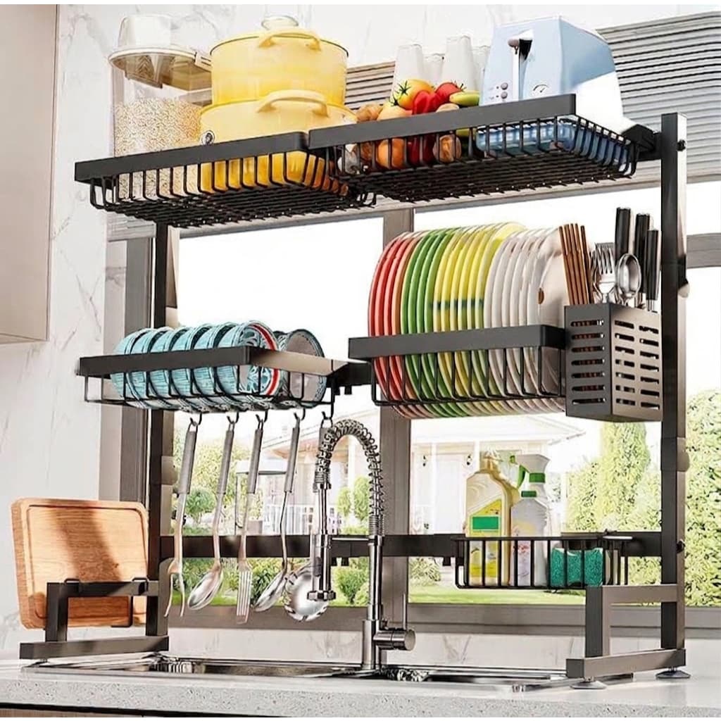 Escorredor de Louças inox Duplo Inox para Pia – Organizador de Cozinha com Suporte Multifuncional, Dreno Direto Preto