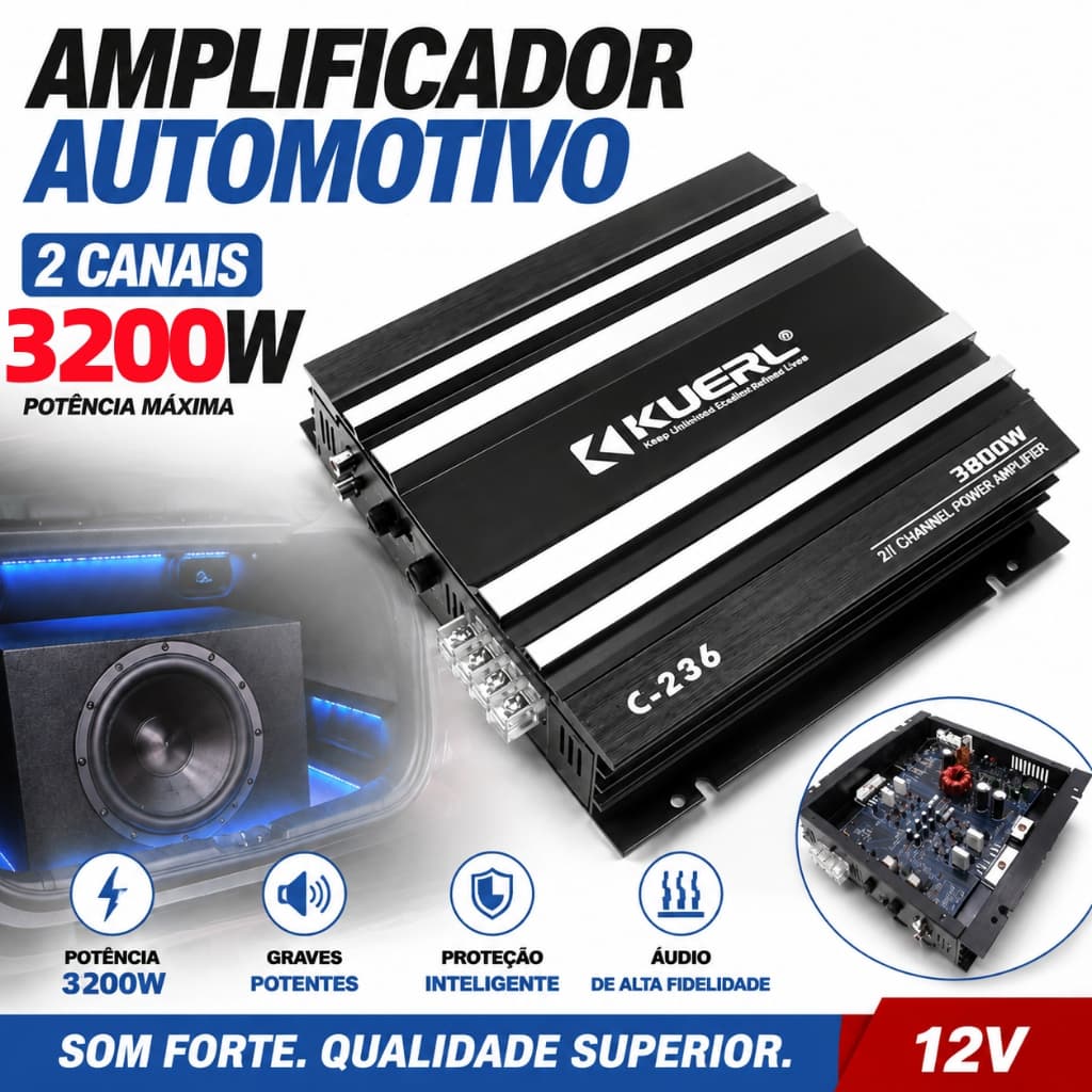 Amplificador Automotivo  2 Canais 3200W | Classe AB Alta Fidelidade 12V para Carro Subwoofer