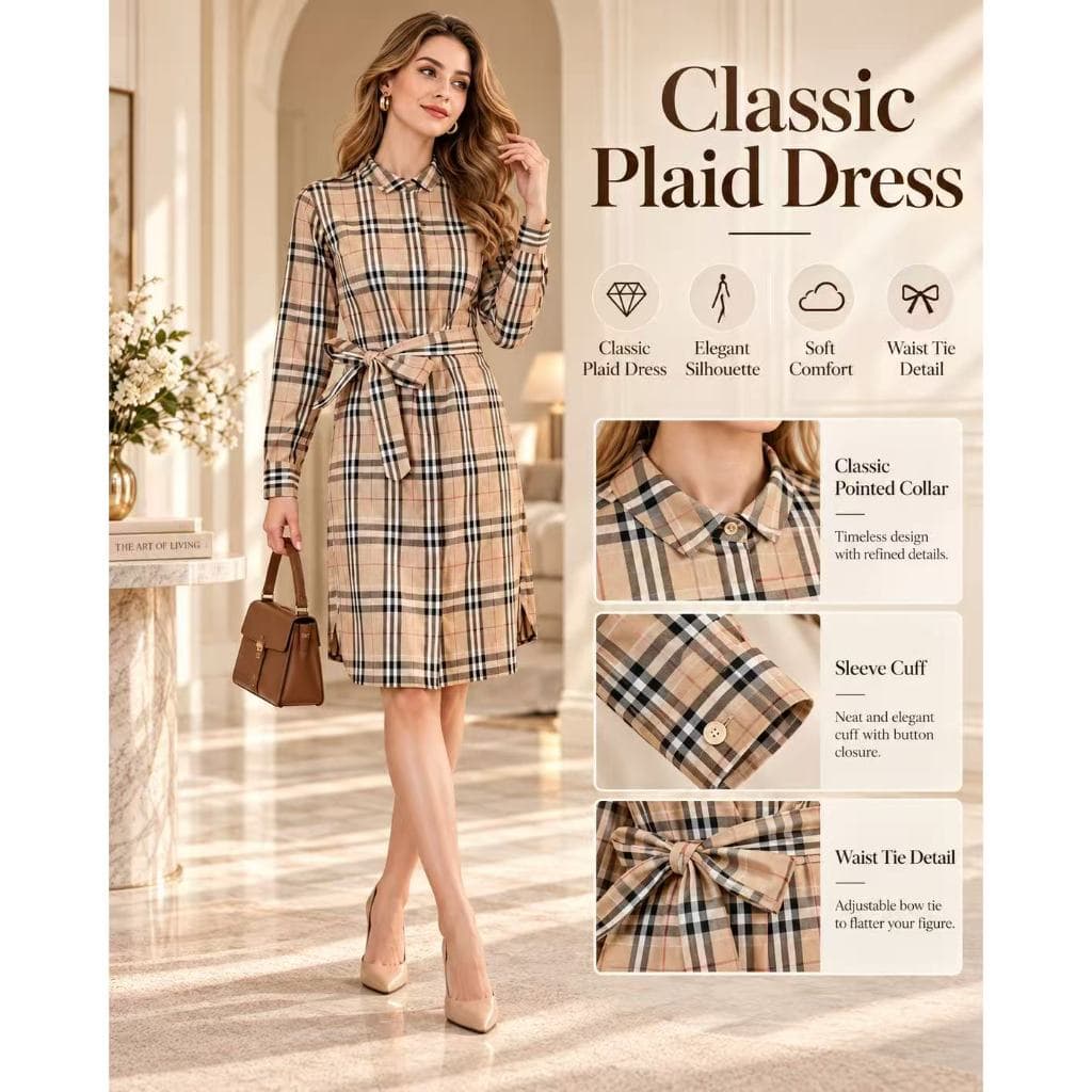 Outono Retro xadrez camisa vestido feminino manga comprida lapela cintura estreita amarrado mais magro olhar elegante Co