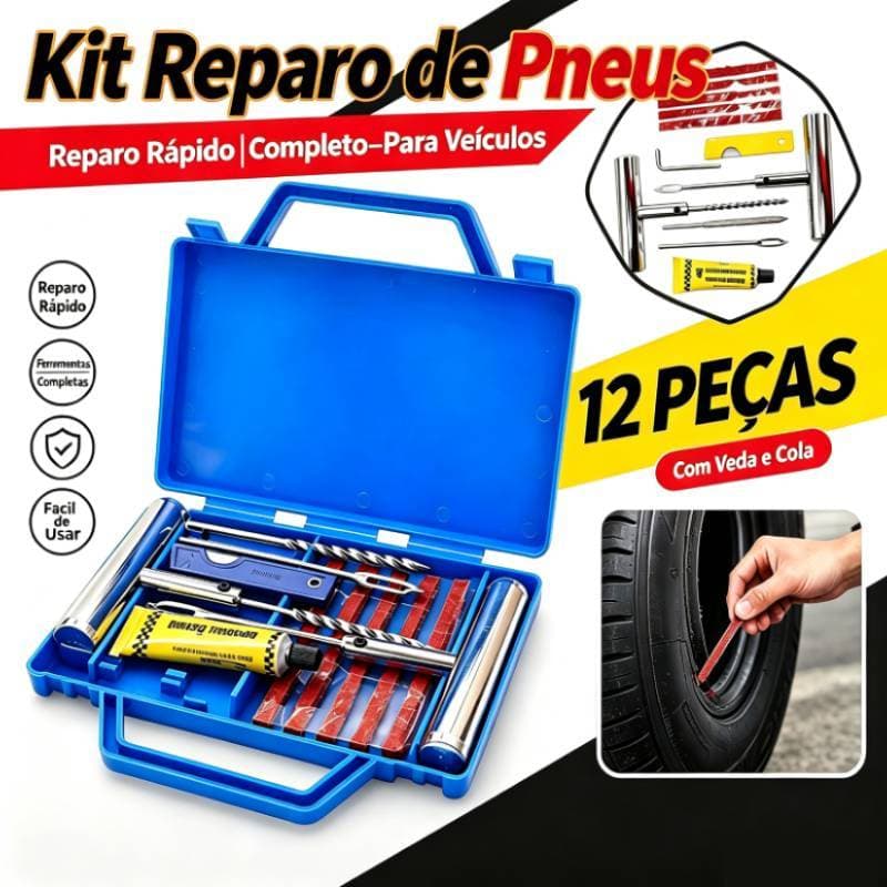 Kit Reparo Pneu Tubeless Carro Moto Bicicleta + Macarrão 12 Peças Maleta