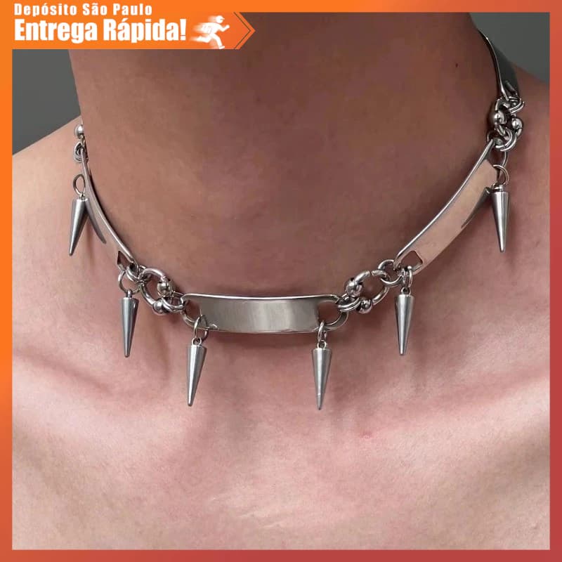 Colar Rebites Aço Titânio Unissex - Punk, Metal, Luz, Joias Luxo, Hip Hop, Premium Atitude Fashion
