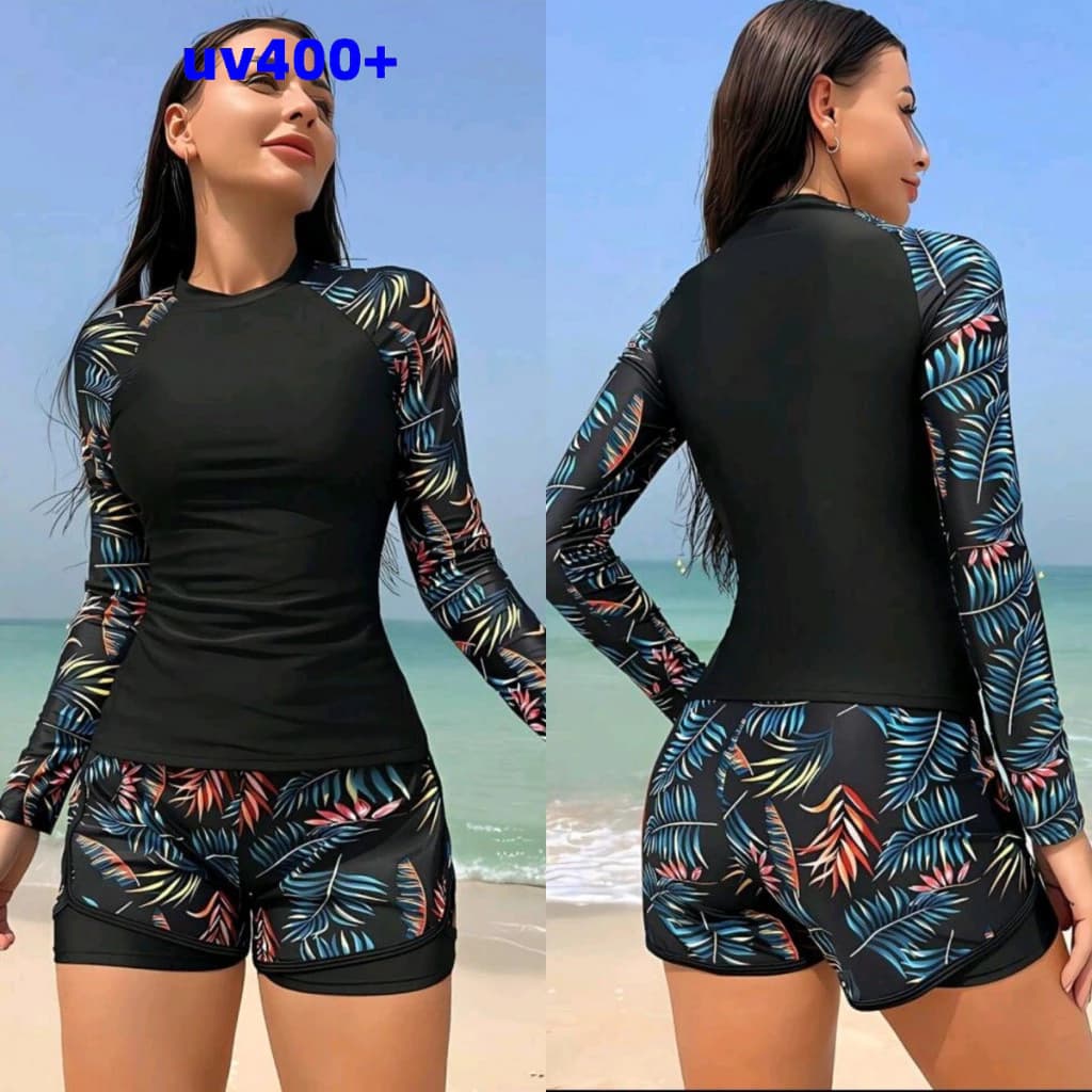 Maiô De Praia Feminino Com Proteção UV Rashguard Manga Comprida Surf 2 Peças