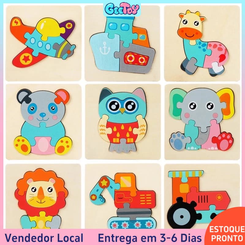 Quebra-cabeça 3D de Madeira – Animais em Jigsaw, Brinquedos Educativos para Crianças