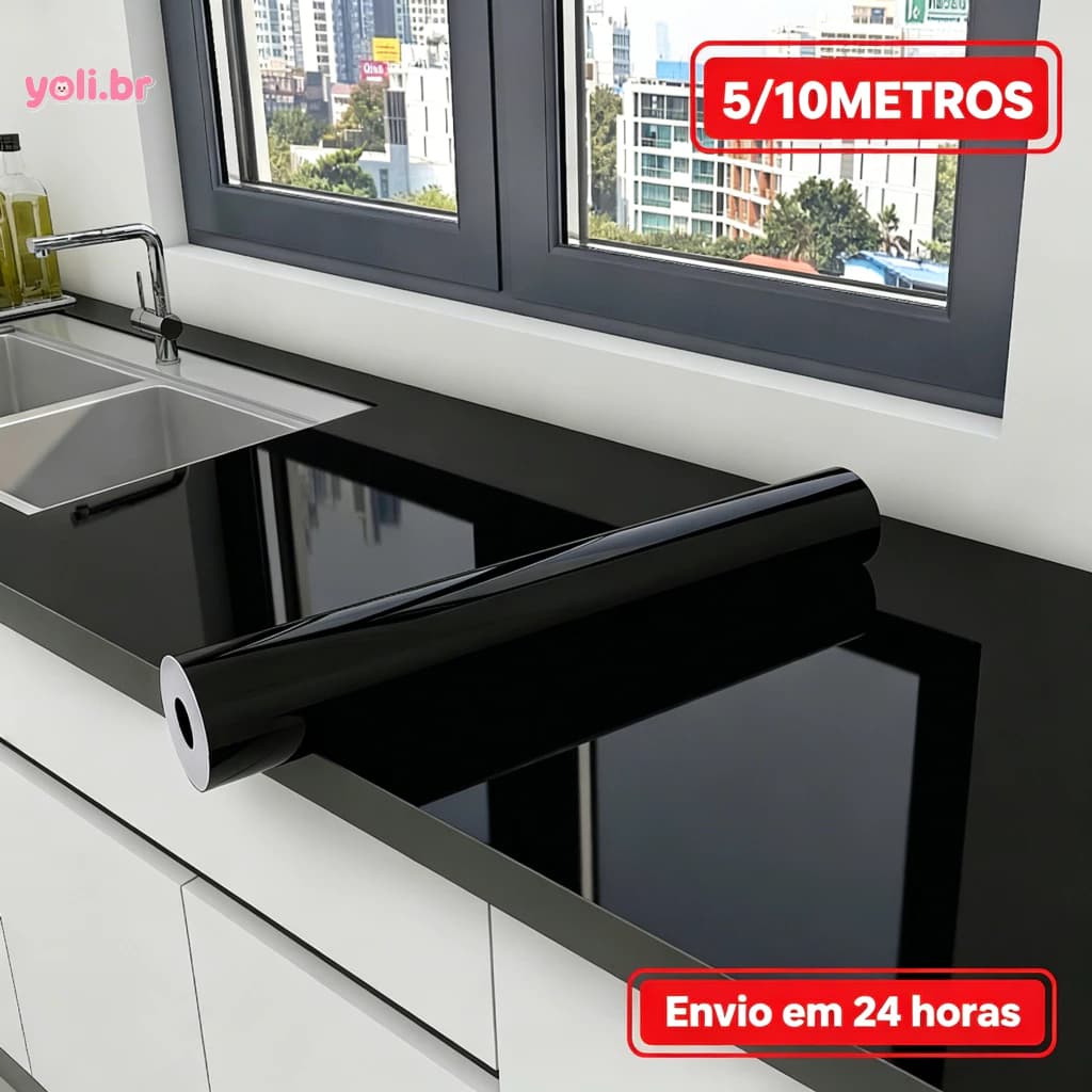 Papel Vinil Preto Piano Autocolante Decoração Cozinha e Móveis Rolo 5/10M + Espátula de Aplicação