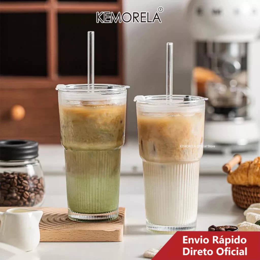 1/2 Unidades , Copos De Vidro Com Tampas E Canudos Elegantes Design Canelado Para Xícaras De Café Gelado , Suco , Smooth