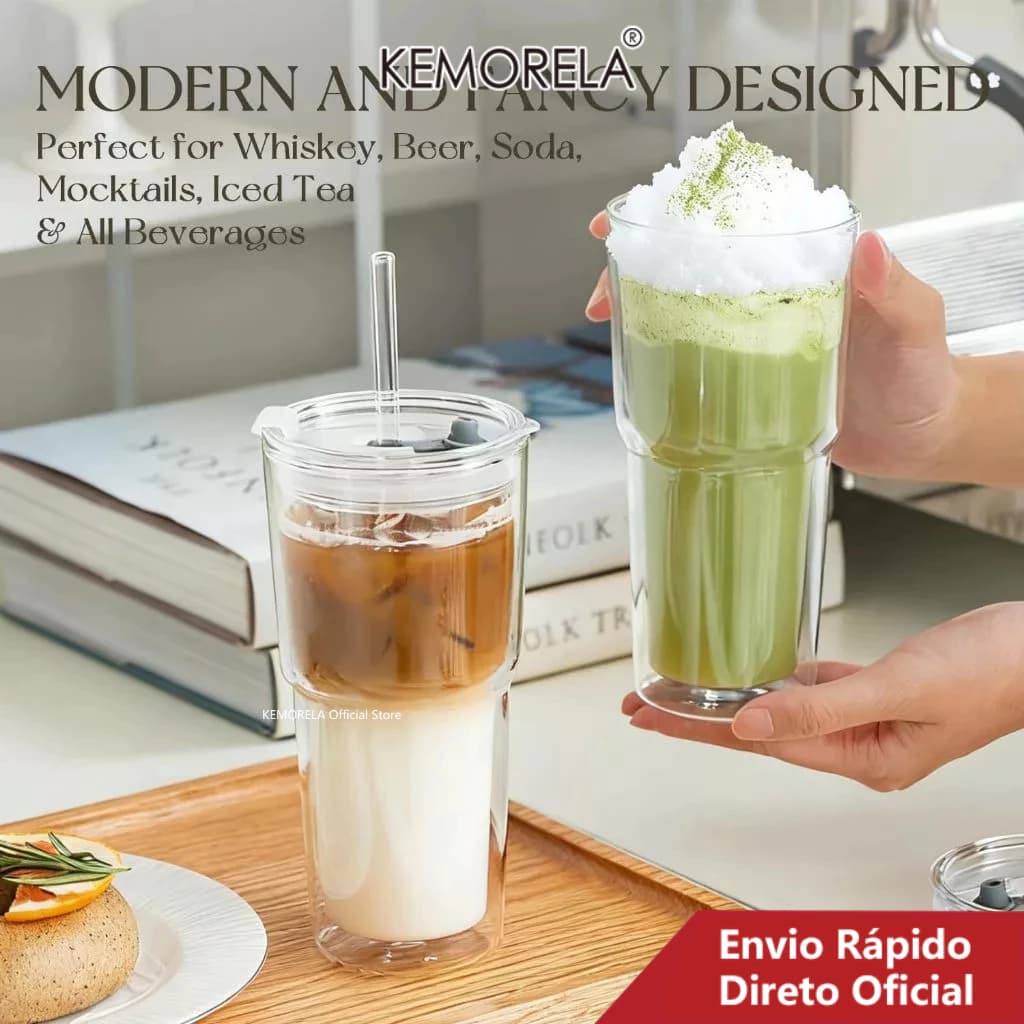2 Copos De Vidro De Parede Dupla De 20 Onças Com Tampas E Canudos , Matcha Borossilicato Isolados Para Café Leite Gelado